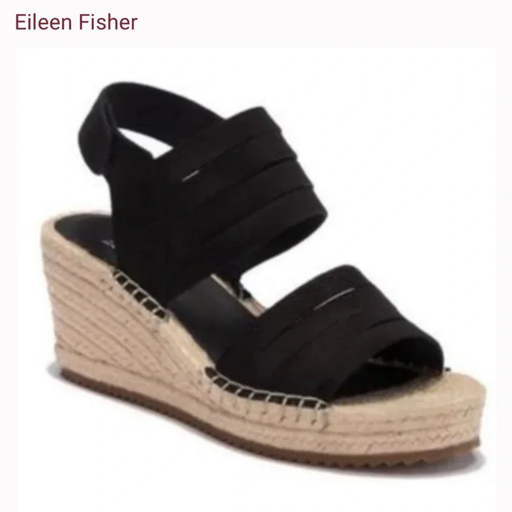 Eileen Fisher LARGO Espadrille Wedge Sandal Women's Black Leather 9 Platform